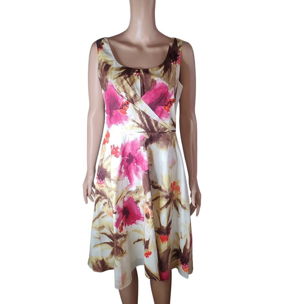 Talbots Watercolor Floral Fit & Flare Midi Dress Pleated Font 8P Pink Brown